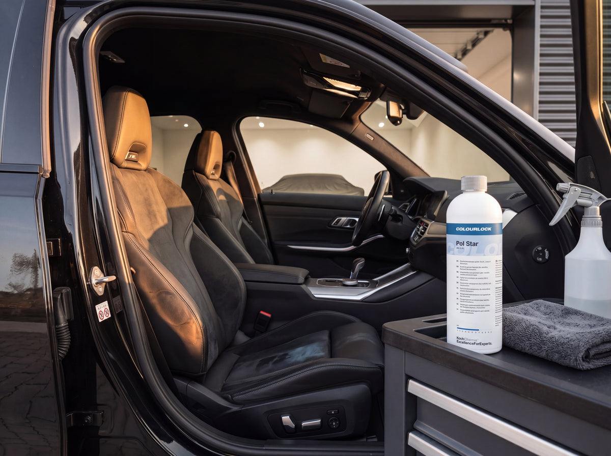 COLOURLOCK Pol Star Reinigerkonzentrat auf Werkzeug-Trolley neben BMW M3 Interieur