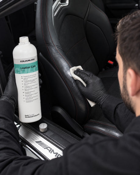 Thin coat of Leather Care on a viscose cloth — shown in the article “Leather seat care before winter: how to prevent cracks”
