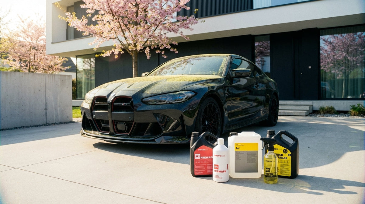 Pollen auf schwarzem BMW M4 CSL Autopflege Produkte moderne Einfahrt Frühling