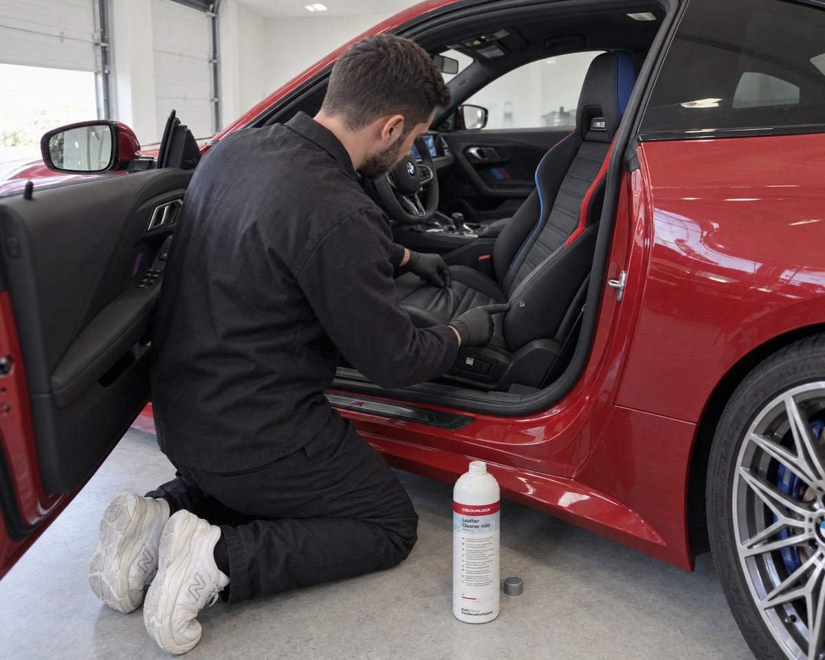 detiiling1.comLOURLOCK Leather Cleaner Mild — Daniel prüft mit dem Kneiftest am BMW M2, ob der Sitz aus Echtleder ist