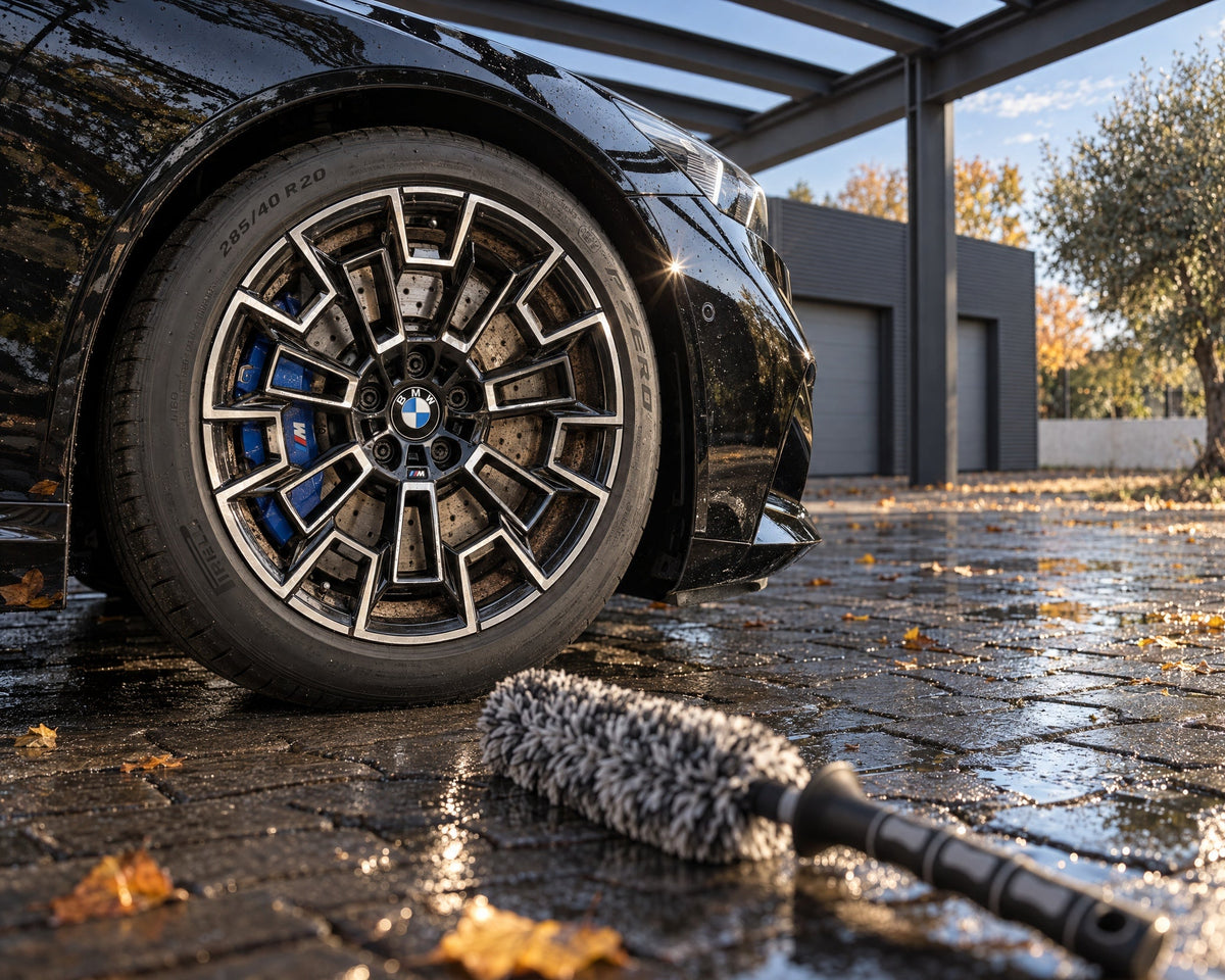 THE COLLECTION Flex Brush, spazzola in microfibra, su asfalto bagnato davanti al cerchio impolverato di una BMW M5 nera