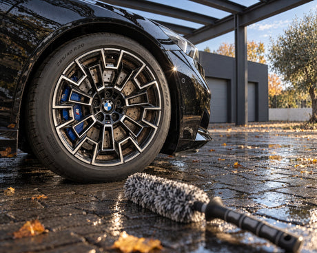 THE COLLECTION Flex Brush, brosse à jantes microfibre sur pavé mouillé devant la jante poussiéreuse d'une BMW M5 noire