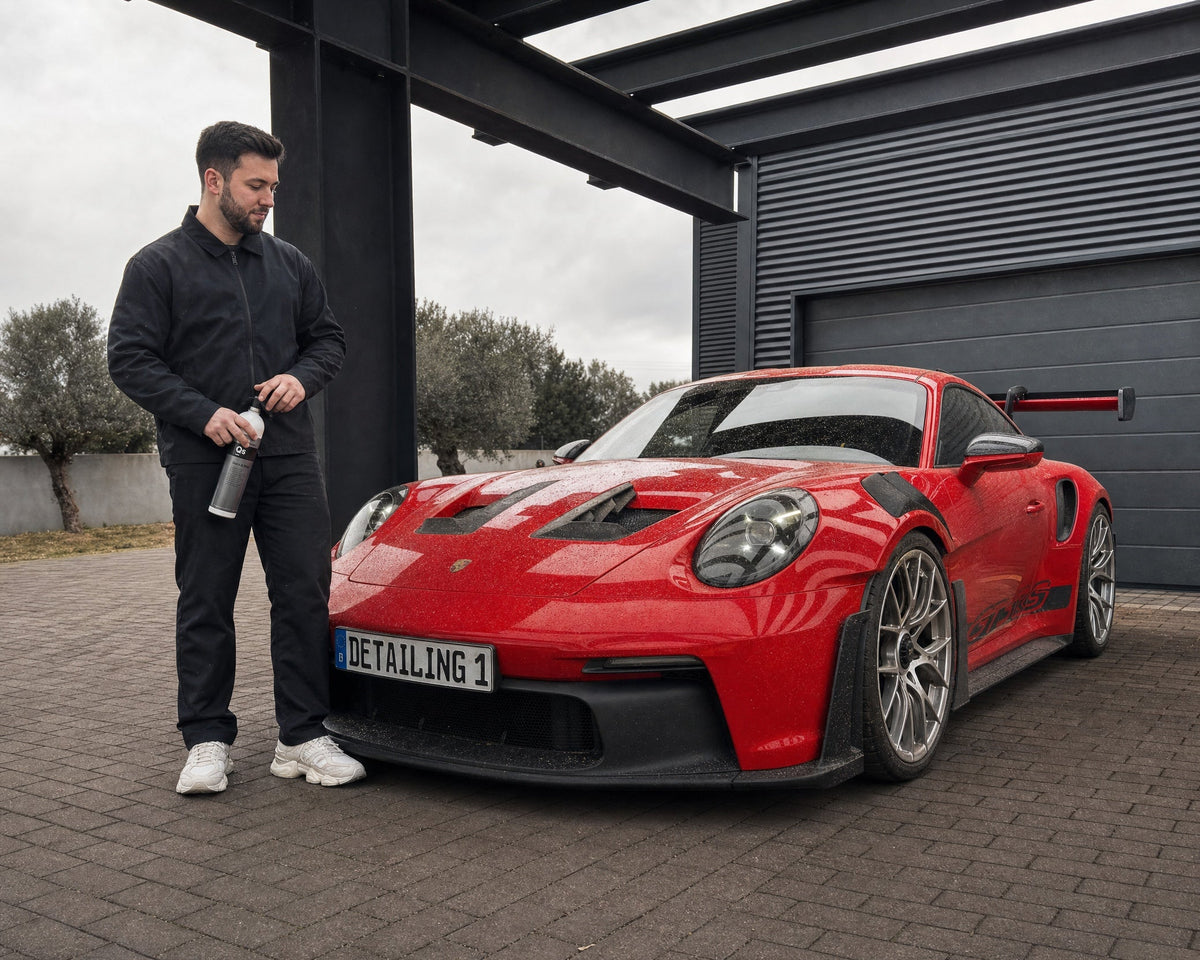 Daniel steht mit dem Koch-Chemie Quick & Shine Quick Detailer am pollenbestäubten roten Porsche 911 GT3 RS — gezeigt im Artikel „Quick Detailer: Glanz erhalten zwischen den Wäschen"