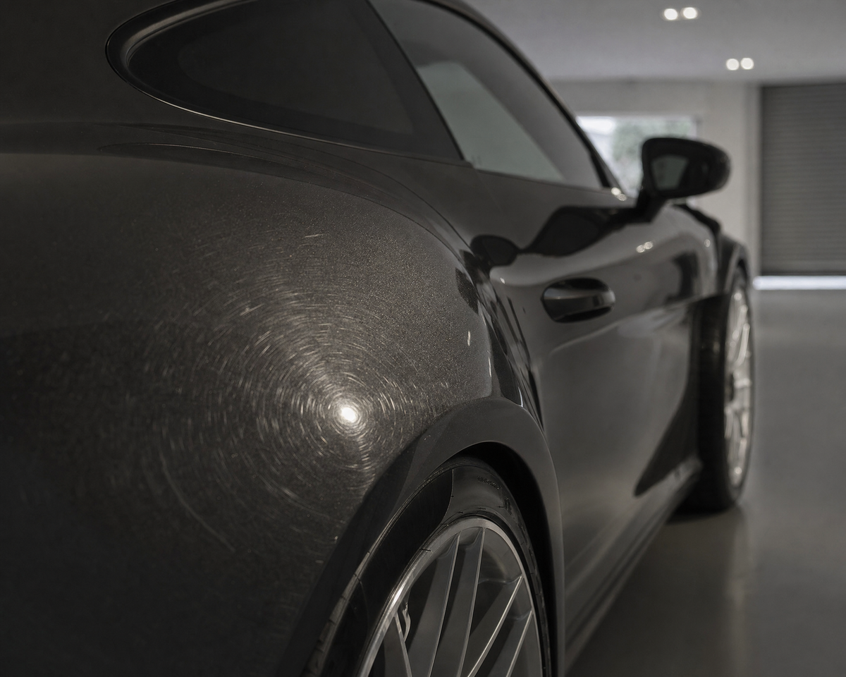 Detailing1 Lackinspektion: feine Swirls auf dem dunklen Lack eines Porsche 911 GT3 RS werden unter Streiflicht in der Halle sichtbar