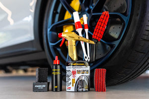 Zestaw "Wheels Like New" (Płyn do Felg + Pielęgnacja Opon + Pędzelek + Aplikator + Szczotka do Felg)