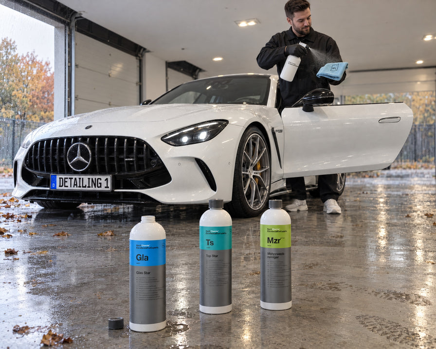 Detailing1 Spotlight: Koch-Chemie Glas Star Gla, Top Star Ts e Mehrzweckreiniger Mzr davanti a una Mercedes-AMG GT 63 bianca