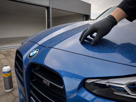 Pollen-Film auf einem mid-blauen BMW M3 — gepruefte Lackoberflaeche vor der Waesche mit Pflege-Shampoo. Aus dem Artikel 'Autoshampoo mit Versiegelung: Booster, kein Wachs-Ersatz'.