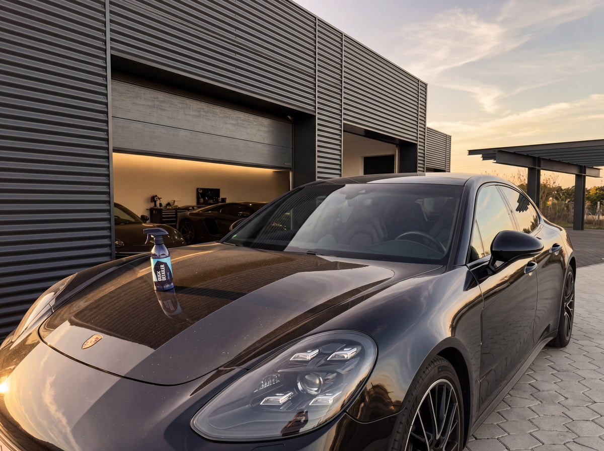 GYEON Q2M Quick Detailer Flasche auf obsidian schwarzem Fahrzeug im Detailing Warehouse Carnaubaglanz