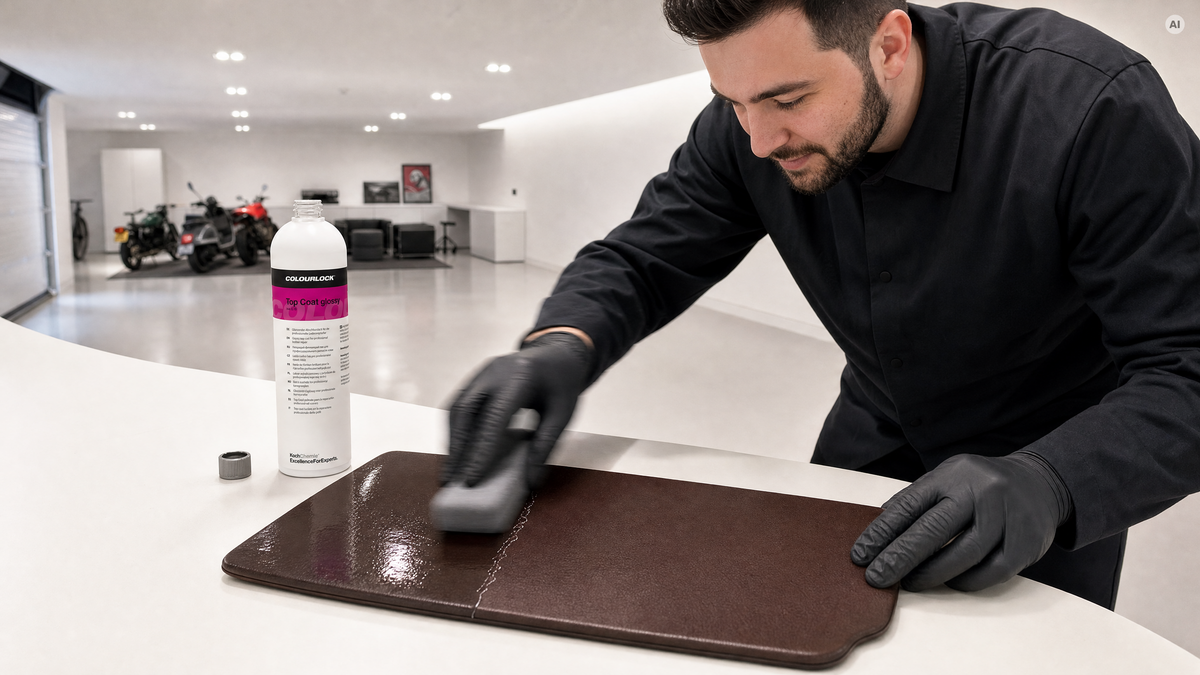 Glänzender Abschlusslack zieht über frisch gefärbtes Leder — Top Coat glänzend von COLOURLOCK bei Detailing1